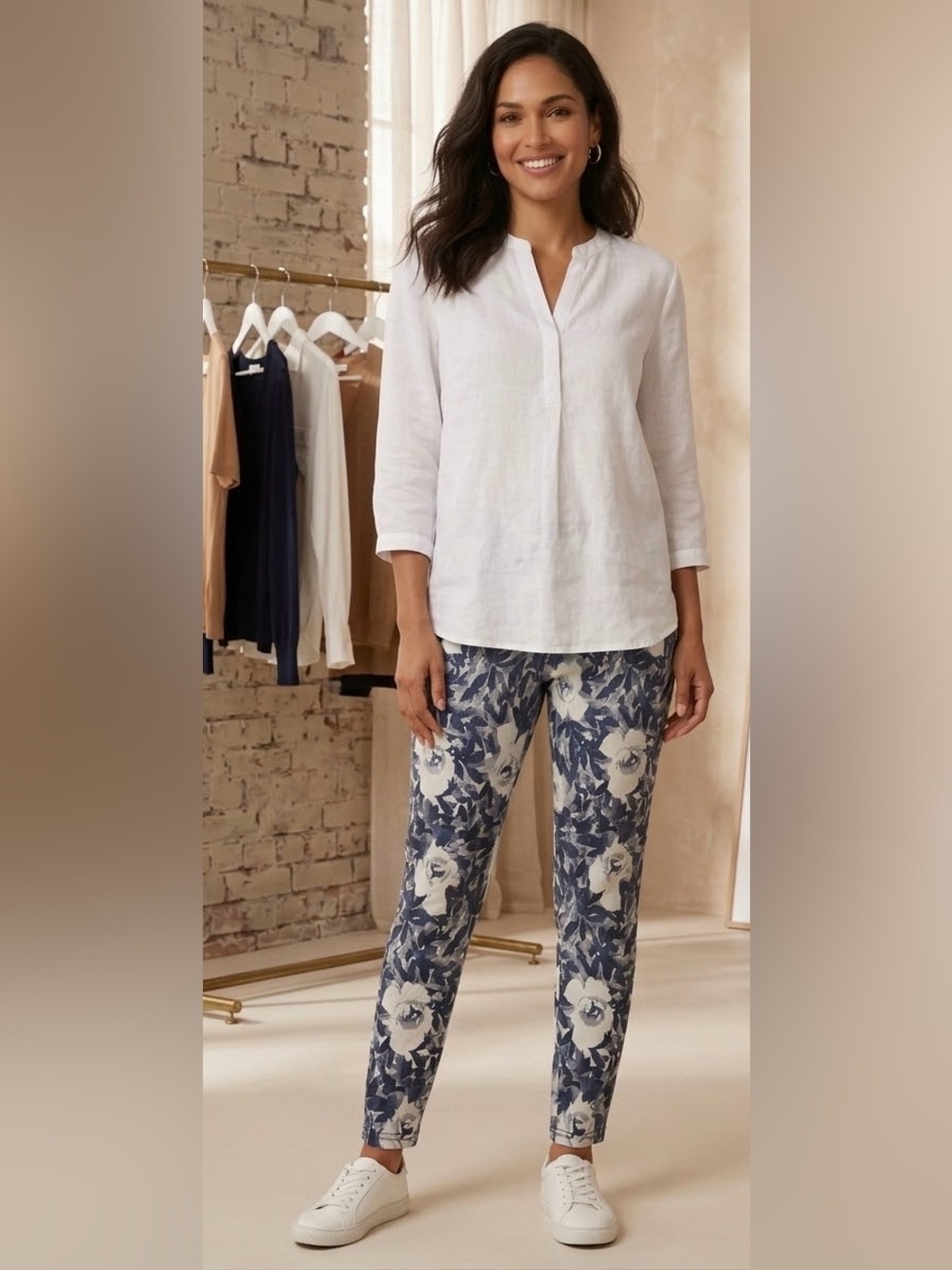 Floral Print Skinny Jeans in Navy and White